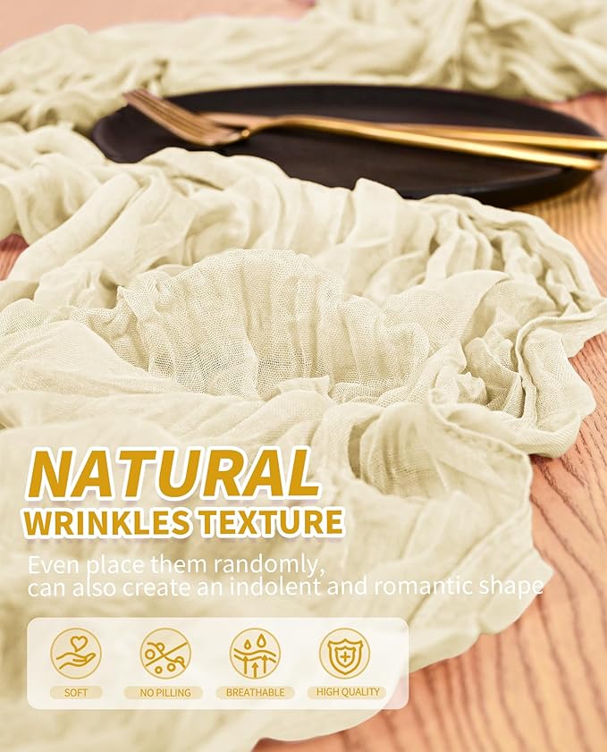 Pesonlook 6 Pack Cheesecloth Table Runner,Ivory Table Runner Long Romantic Semi Sheer Rustic Boho Gauze Table Runners for Wedding Bridal Shower Birthday Party Decorations(17.7×108 Inch)