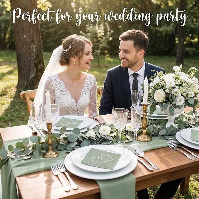 Teling 400 Pcs Wedding Napkins for Reception, 3 Ply Mr Mrs Wedding Cocktail Napkins for Engagement Bridal Shower Party Supplies Beverage Dessert Table Decorations(Sage Green)