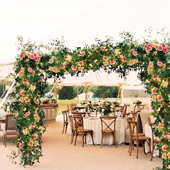 RECUTMS Artificial Hanging Rose Flower Plants, 4 PCS 37 Inches Light Pink Fake Floral Ivy Garland with 30 LED Fairy String Lights for Home Garden Wedding Bridal Shower Derby Party Indoor Outdoor Decor
