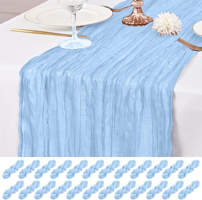 24 Pack Light Blue Table Runner 10Ft Cheesecloth Table Runner Rustic Gauze Table Runners Romantic Long Sheer Fabric Cheese Cloth Table Runners for Wedding Party Bridal Baby Shower