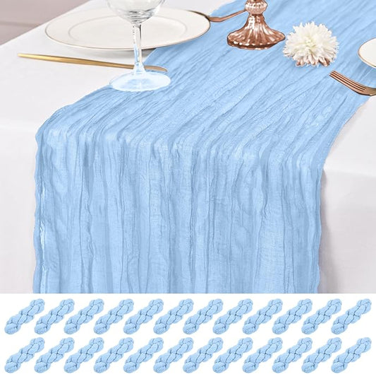 24 Pack Light Blue Table Runner 10Ft Cheesecloth Table Runner Rustic Gauze Table Runners Romantic Long Sheer Fabric Cheese Cloth Table Runners for Wedding Party Bridal Baby Shower