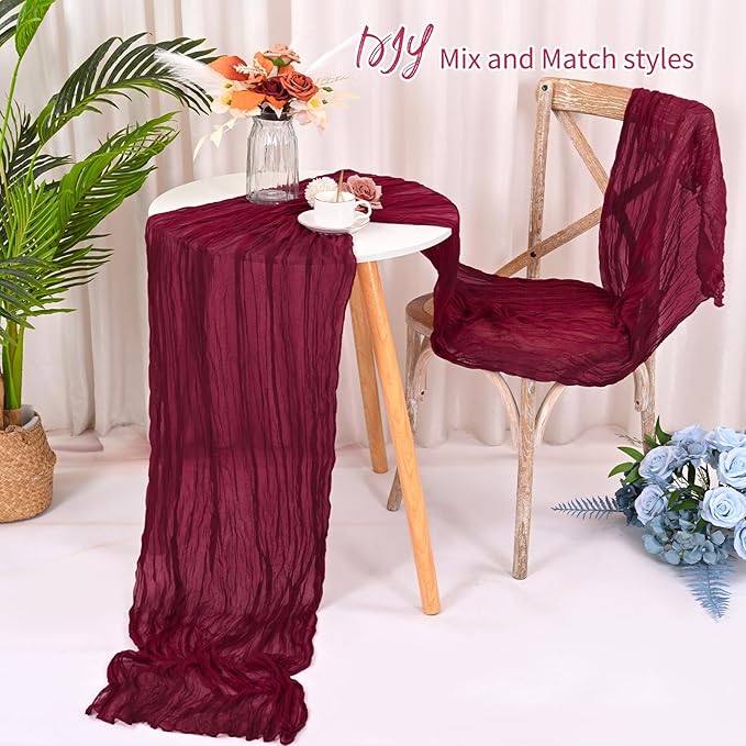 16 Pack Burgundy Cheesecloth Table Runner 120 Inch 10FT Spring Boho Rustic Sheer Gauze Cheese Cloth Table Runner for Wedding Baby Shower Birthday Party Table Decor