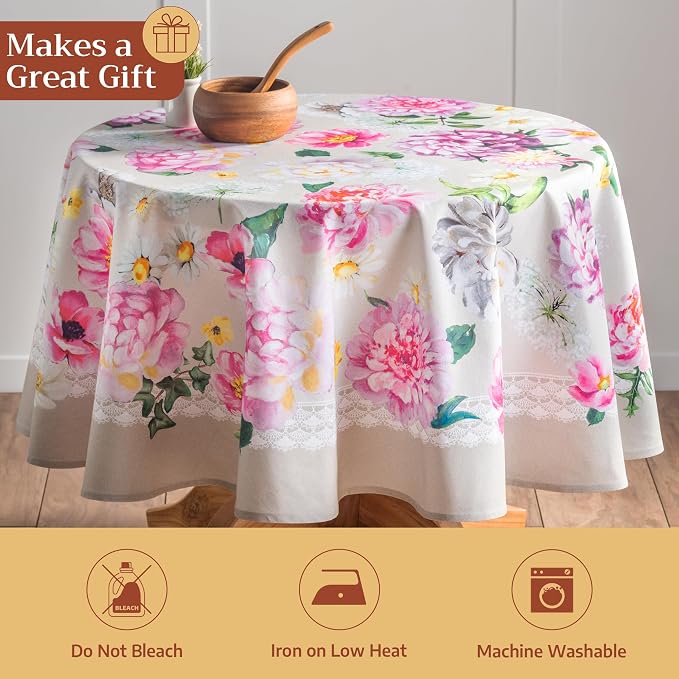 Maison d' Hermine Table Cloth Round Table 100% Cotton 63 Round Inches Tablecloth Reusable Decorative for Dining Kitchen Room Farmhouse Party Home Hotel Restaurant Spring Summer - Pivoine