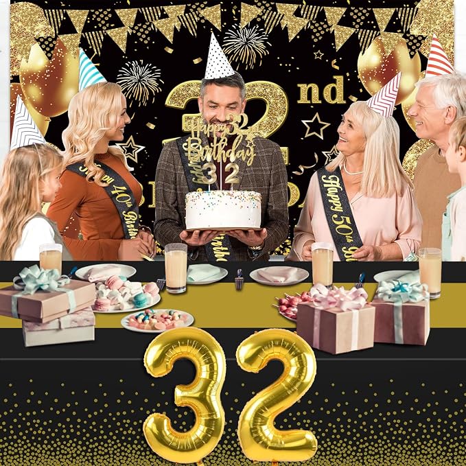 32nd Birthday Decorations Men Women with 32nd Birthday Banner, Black and Gold Table Cloth, Number Balloons, Large Sash, Cake Topper and Candles