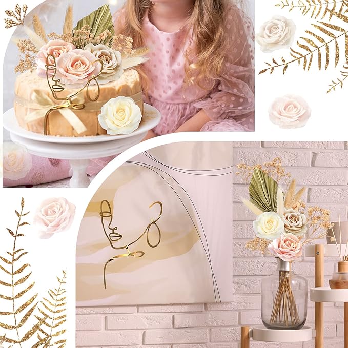 21 Pcs Boho Cake Topper Decorations Acrylic Minimalist Art Lady Gold Face Vintage Artificial Rose Flower Wedding Cake Toppers for Wedding Bridal Shower