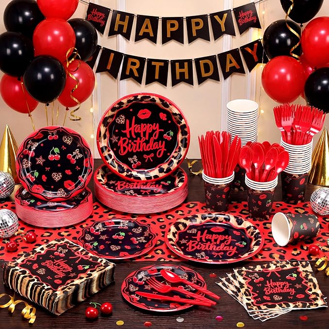 400 Pcs Red Cheetah Print Birthday Decoration for 50 Guests, Red and Black Cheetah Cherry Paper Plates Napkins Cups Cutlery Leopard Tableware for Y2K Girls Night Big Mama Party Supply