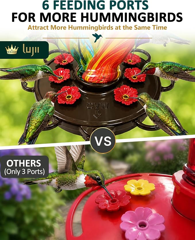 LUJII Smart Hummingbird Feeder with Camera for Outdoor Hanging, Hand Blown Glass, Solar WiFi Feeder with Live View App, 6 Feeding Ports, Leak-Resistant Design, Ant Moat & Gift Box, 28 fl oz, Ribbion
