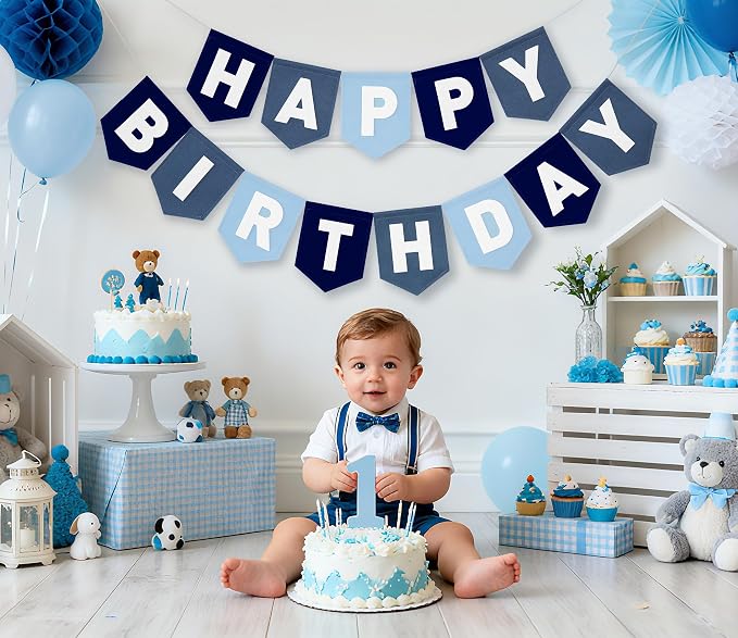 Felt Navy Blue Happy Birthday Banner Birthday Decorations for Women Girls Boys Men Pets Handmade Party Backdrop