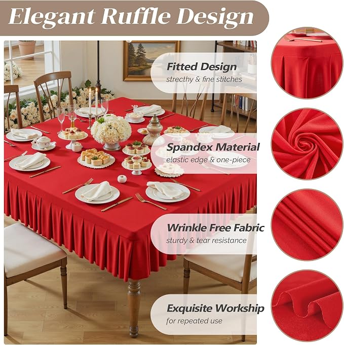 Wish Care Red Spandex Tablecloths for 34x34 Inch Square Tables, Stretch Fitted Table Clothes with Pleated Ruffle Skirt for 34” Table, Wrinkle Free and Elastic, for Party Kitchen Home Dining