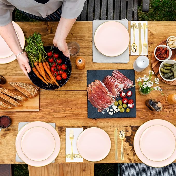 YOUBET 175PCS Pink Plastic Plates - Pink and Gold Disposable Plates Include 50 Plastic Plate, 75 Silverware, 25 Cups, 25 Napkins for Wedding & Party & Birthday Mothers Day