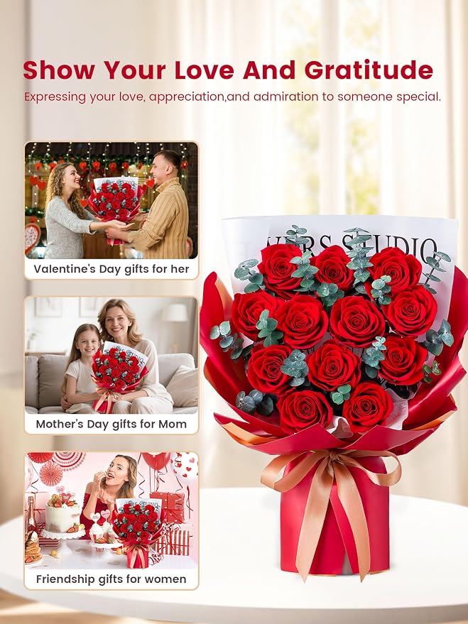 Mosstory 12 Red Preserved Roses Bouquet Flower Bouquet with Led Lights Gift for Women Wife Mother Day Birthday Wedding Anniversary (Red)