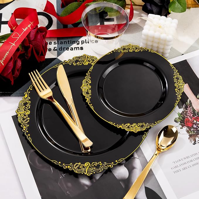 Nervure 600PCS Gold Plastic Dinnerware - Black and Gold Disposable Plates for 100 Guests - 200 Disposable Plates, 300 Plastic Silverware, 100 Cups for Wedding & Party