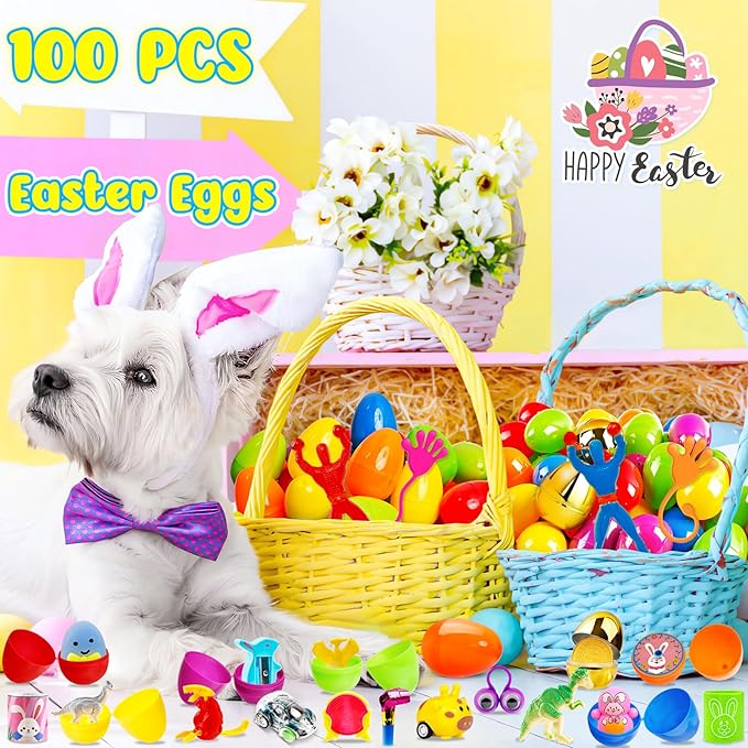 Adisher [ 6 Surprise Golden Eggs ] 100 PACK Prefilled Easter Egg Fillers, Easter Basket Stuffers Egg Hunt with Toys Goodie Bags Stuffers Party Favors Classroom Prize Supplies for Kids
