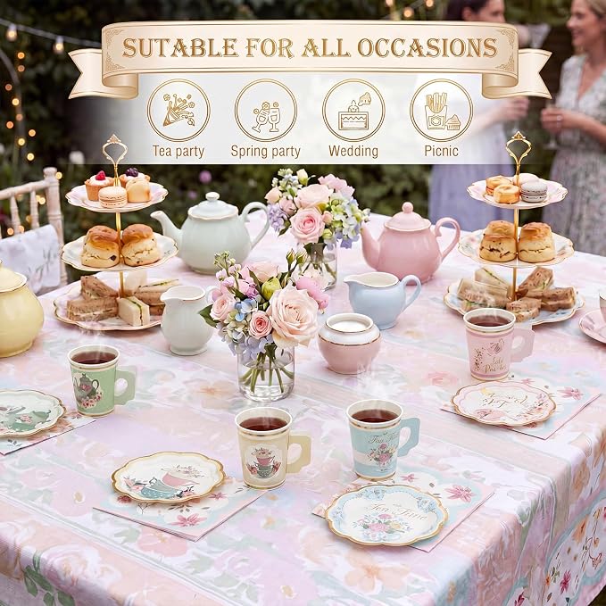 Yungyan 108 Pcs 36 Guest Tea Party Plates and Napkins Sets Floral Tea Party Supplies 6" Paper Plates, 9 oz Cups and Saucers Disposable Tableware Set for Birthday Wedding Bridal Shower Decorations