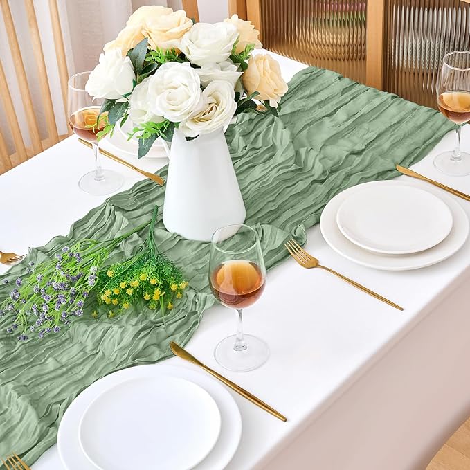 18 Pack Sage Green Cheesecloth Table Runner 21.5x120 Inch, Semi Sheer Boho Gauze Cheese Cloth Fabric Table Runners 10 FT Long for Wedding Party Baby Shower Birthday Home Decor
