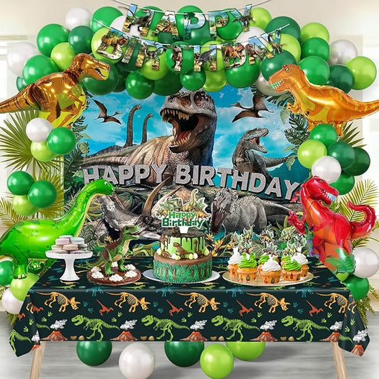 Dinosaur Birthday Party Decorations Kit for Boys - Dino Party Supplies with Tablecloth, Banner, Backdrop, Cake Topper, Balloons & Stickers for Kids