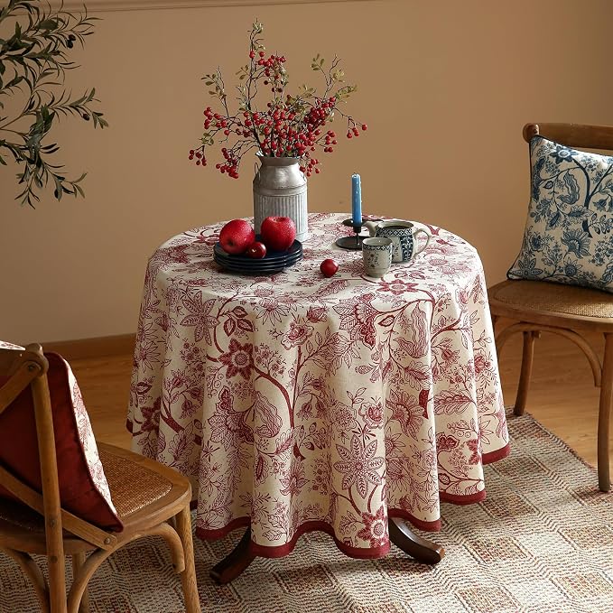 ISAENNE Designer French Linen Round Tablecloth,Diameter 67"-Ruyi A | Vintage Elegant Table Cloth for Round Table,Red Floral Pattern,Decoration,Heavyweight,Dining Room,Kitchen,Thanksgiving