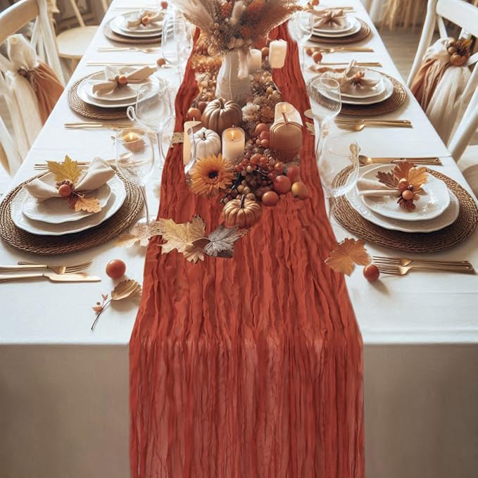 Snowkingdom 10 Ft Fall Thanksgiving Table Runner Terracotta Rust Cheesecloth Gauze, 120 inch Long Burnt Orange Boho Cheese Cloth for Wedding Bridal Shower Rustic Sheer Table Decorations