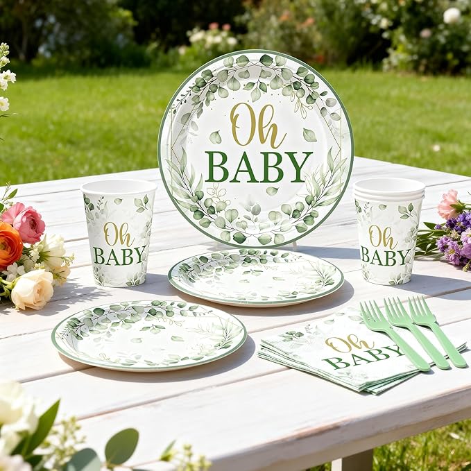 286 Pcs Sage Green Baby Shower Decorations Set-Serves 25 Guests -All-in-One Gender Neutral Party Supplies Kit Includes Balloon Arch, Backdrop, Tableware Set, and Sash
