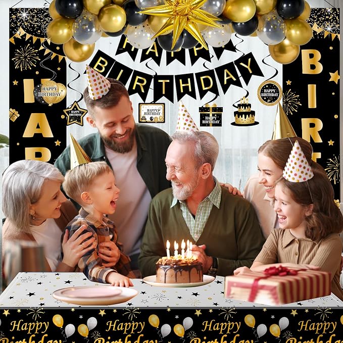 Black and Gold Birthday Decorations for Men Women, Happy Birthday Decorations Gold and Black Party Decoration Kit, Happy Birthday Banner Balloons Tablecover Fringe Curtain Swirls, Mens Man Bday Decor