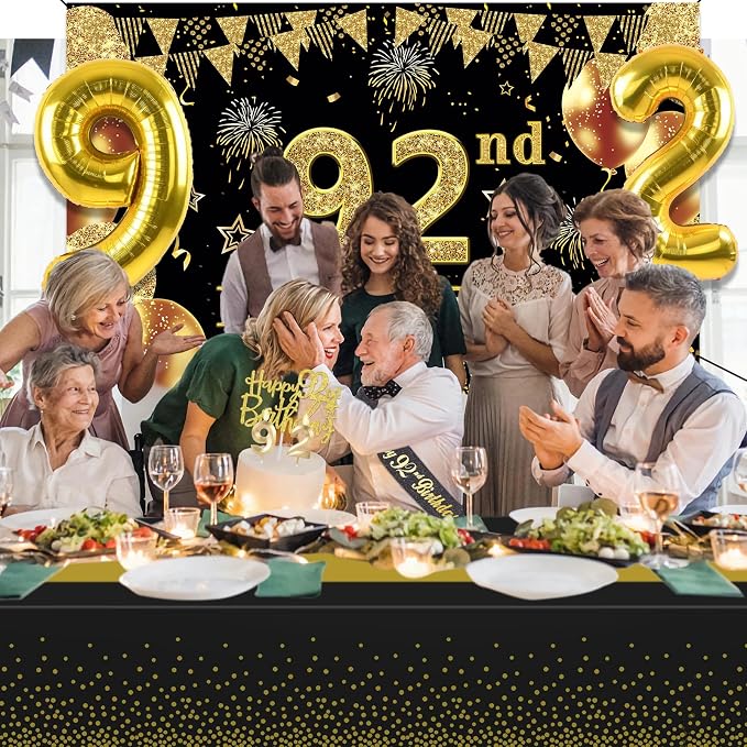 92nd Birthday Decorations Men Women with 92nd Birthday Banner, Black and Gold Table Cloth, Number Balloons, Large Sash, Cake Topper and Candles