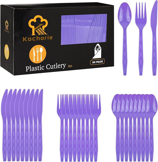 Kochorie 90 Pieces Purple Plastic Cutlery Set Disposable Plastic Utensils Heavy Duty Flatware Set Include 30 Knives 30 Forks 30 Spoons for Graduation, Wedding, Birthday Party Supplies