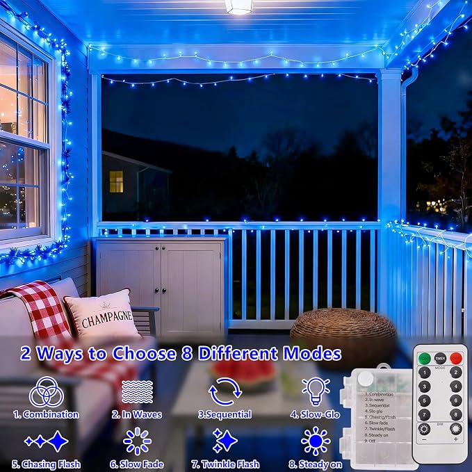YEGUO Battery Operated String Lights, 2 Pack Each 33ft 100 LED Twinkle Fairy Lights Outdoor Waterproof, 8 Modes Clear Wire Blue Christmas Lights Indoor with Remote