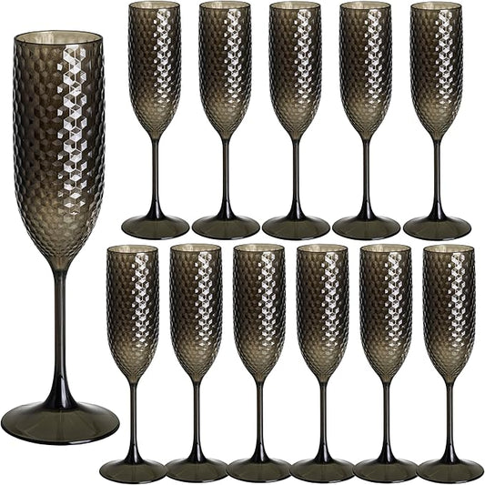 12 Pack Black Plastic Champagne Flutes Mimosa Unbreakable Champagne Glasses Wedding Toasting Glasses 5.5 OZ Reusable Diamond Glasses Wine Cups Vintage Drinking Glasses for Wedding,Christmas,Party