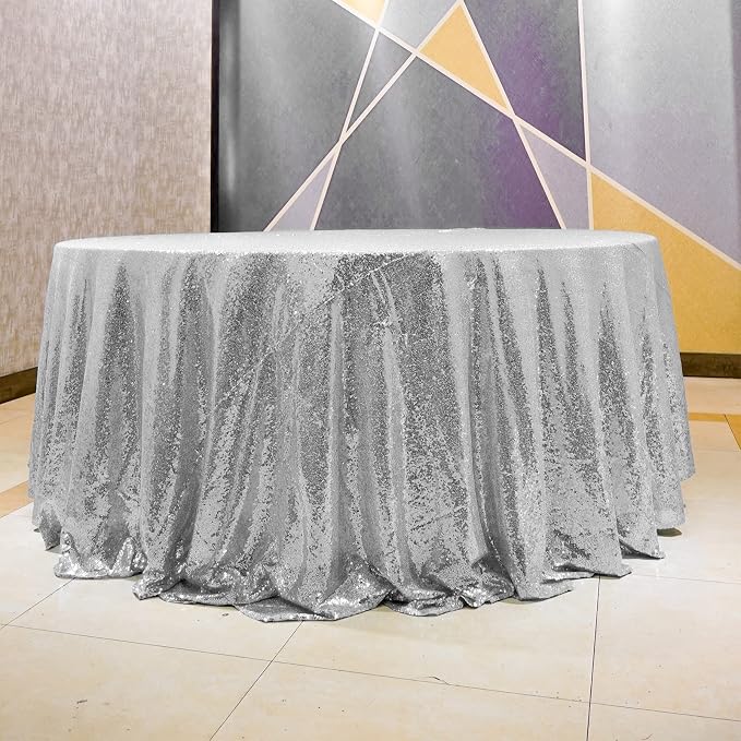Silver Glitter Tablecloth 132'' Tablecloth Round Sequin Party Tablecloth Outdoor Table Cover Sequin Table Cloths for Birthy Wedding Party Decorations