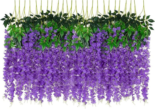 36 Pack Artificial Wisteria Hanging Flowers Fake Wisteria Flower Silk Vines Rattan Decor for Home Wedding Arch Wall Garden Greenery Bedroom Outdoor Office Party Decoration (Purple)