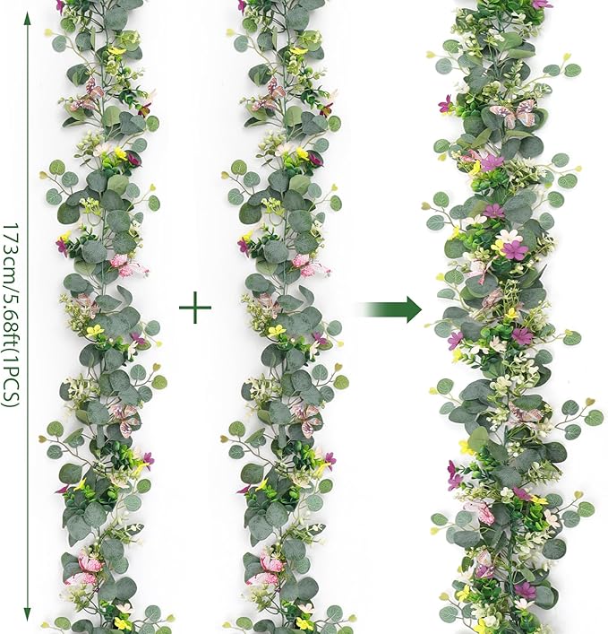 2 Pack 5.68 FT Artificial Daisy Garland with 3D Butterfly, Hanging Fake Flowers Greenery Eucalyptus Garland Floral Vines for Wedding Table Home Room Sping Decor