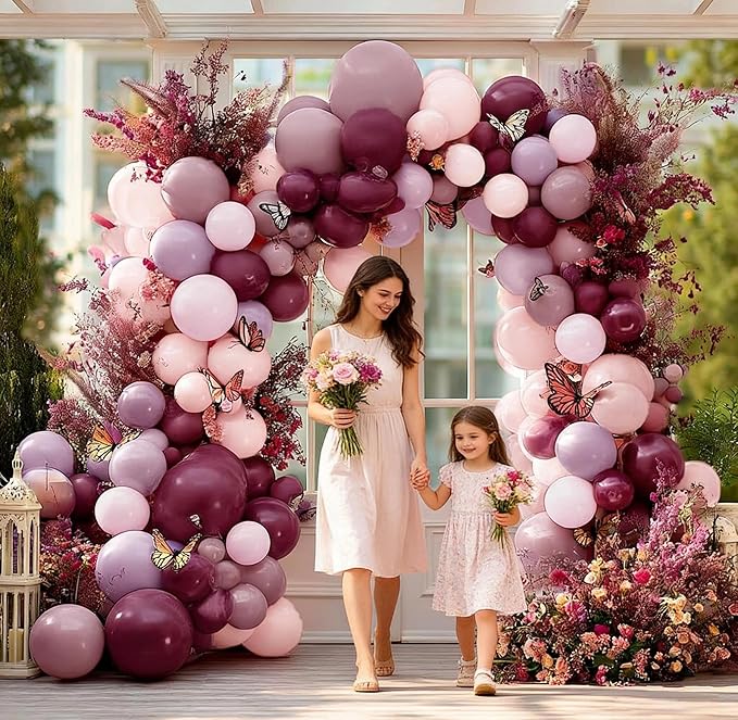 Dusty Purple Pink Balloon Arch Kit Double Stuffed Dark Purple Plum Pastel Pink Lavender Mauve Balloon Garland for Birthday Butterfly Baby Shower Anniversary Wedding Bridal Shower Party Decoration