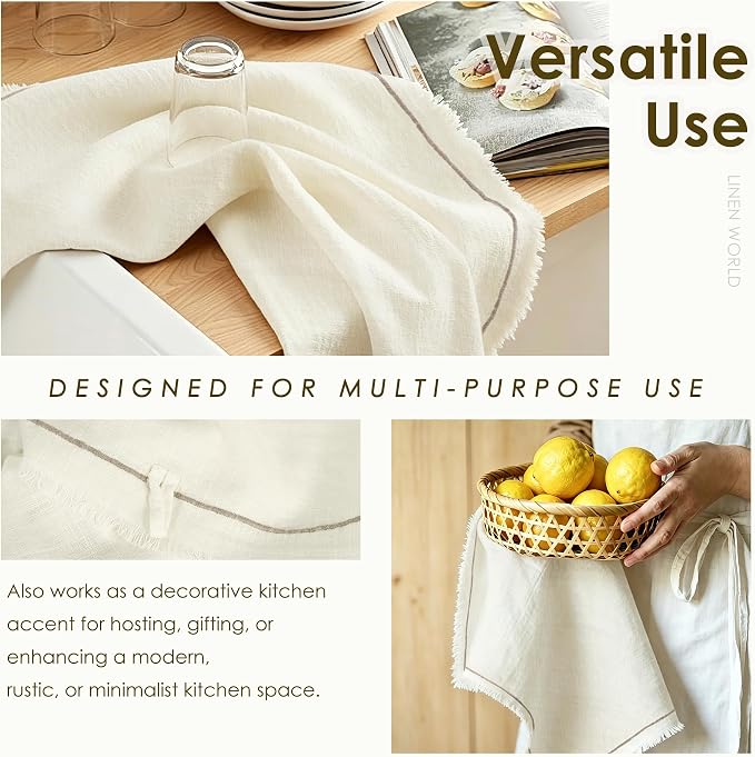 Linen World Dish Towels Set of 4, 20 x 28 Inch Linen Blend Kitchen Towel, Frayed Edge, Embroidered Border, Absorbent Large Tea Towels-Cream