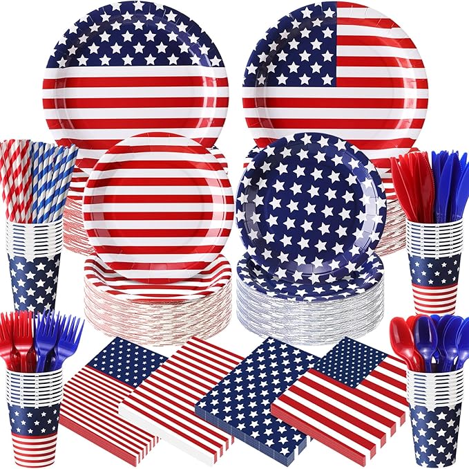 450 Pcs 4th of July Patriotic Tableware Set Decorations USA Red White Blue American Flag Paper Plates Napkins Cups Cutlery Straws for 250th Anniversary Birthday Party Supplies, Serves 50