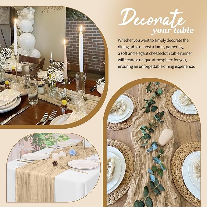 6 Pack Cheesecloth Table Runner Beige 10Ft Rustic Boho Gauze Table Runner Romantic Long Sheer Fabric Cheesecloth Table Runner for Wedding Festival Birthday Anniversary Dinner Outdoor Events