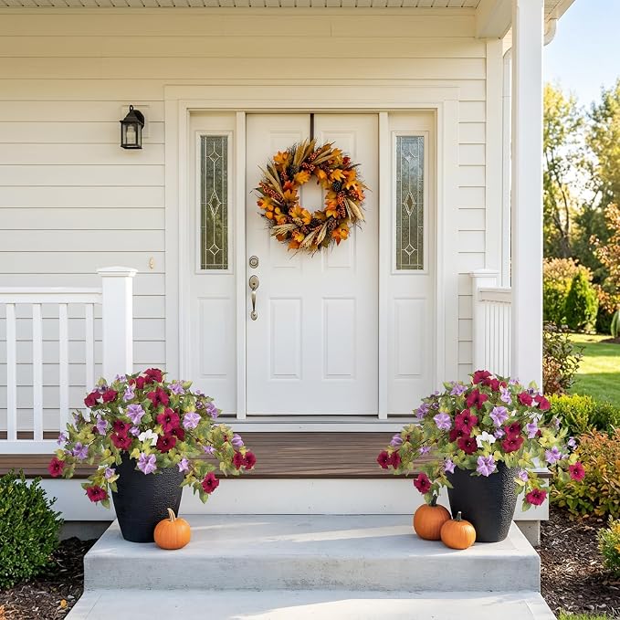 Ammyoo Artificial Fall Flowers Fake Petunias Plants for Outdoor Decoration | 2 Pcs UV Resistant Faux Silk Flowers No Fade Floral for Garden Balcony Yard Porch Realistic Indoor Decor (Burgundy Purple)