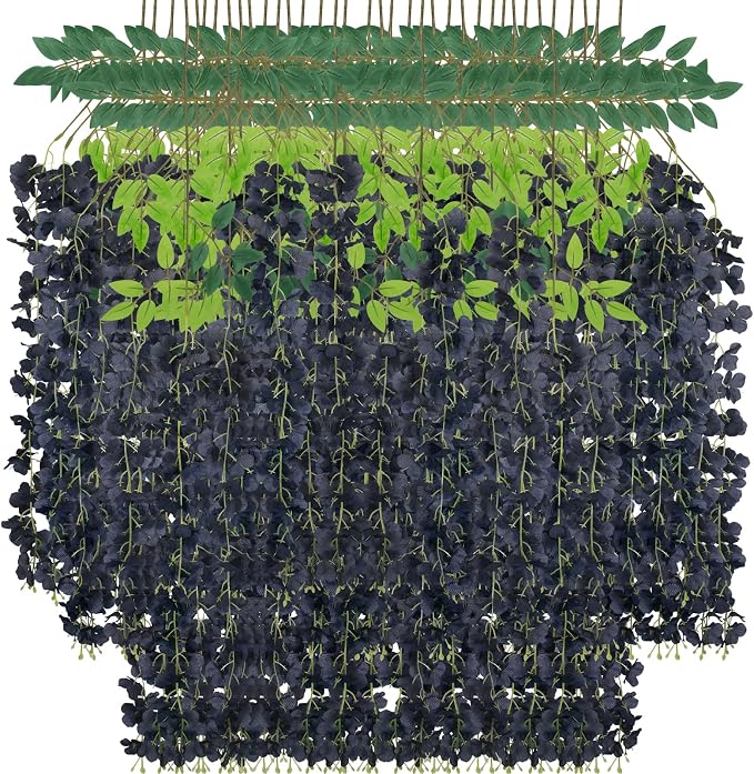 36 Pack Black Wisteria Hanging Flowers Fake Hanging Flowers Artificial Wisteria Garland Vines for Wedding Room Backdrop Outdoor Patio Garden Decoration (Black)