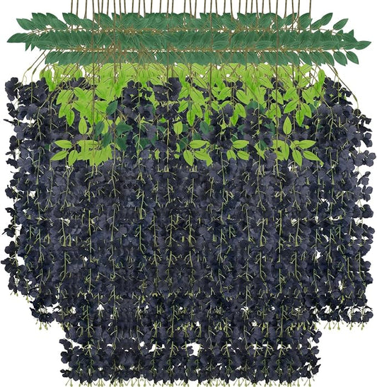 36 Pack Black Wisteria Hanging Flowers Fake Hanging Flowers Artificial Wisteria Garland Vines for Wedding Room Backdrop Outdoor Patio Garden Decoration (Black)