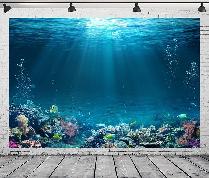 BELECO Underwater World Backdrop 15x10ft Fabric Undersea Backdrop for Photography Under The Sea Tropical Fish and Corral Deep Sea Sunlight Seabed Background Undersea Party Decor Photo Studio Props