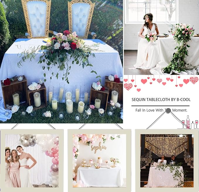 B-COOL White Sequins Tablecloth 60x102 Inches Seamless Reversible Sequin Fabric Sequin Fabric for Table Overlays Wedding Thanksgiving Family Gathering