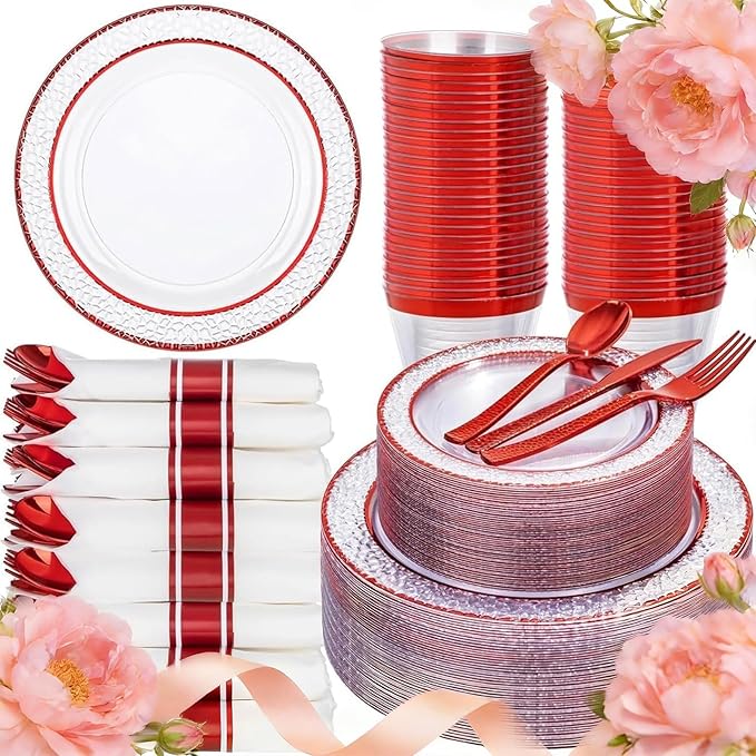 Ciaell 350 PCS Clear and Red Plastic Plates – Red Dinnerware Set for 50 Guests Include 100 Plastic Plates, 50 Pre Rolled Napkins with Cutlery Set, 50 Cups for Wedding & Party & Mother's Day
