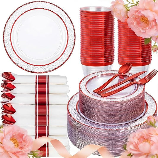 Ciaell 350 PCS Clear and Red Plastic Plates – Red Dinnerware Set for 50 Guests Include 100 Plastic Plates, 50 Pre Rolled Napkins with Cutlery Set, 50 Cups for Wedding & Party & Mother's Day
