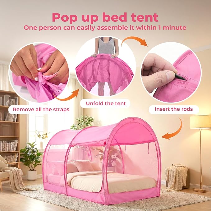 LEEDOR® Bed Tent Dream Tent Bed Canopy Shelter Cabin Sleeping Tent Indoor Pop Up Privacy Warm Breathable Mosquito Mesh Twin/Full/Queen for Kids and Adult (Mattress Not Included)