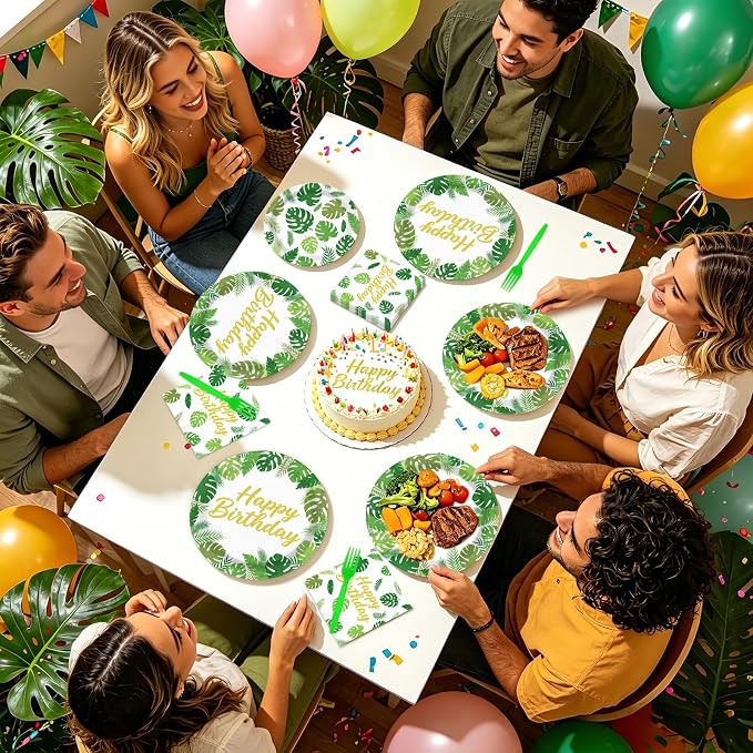 96Pcs Tropical Leaf Birthday Decorations Monstera Palm Leaf Plates and Napkins Hawaiian Luau Tableware Set for Birthday Hawaiian Summer Pool Beach Baby Shower Party Supplies, Serves 24