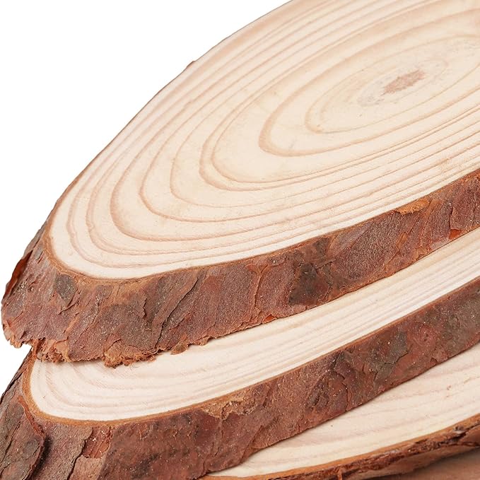 SINJEUN 15 Pack 8 Inch Unfinished Oval Wood Slices for Centerpieces, 4-4.7" Wood Circles with Bark for Rustic Wedding Decorations DIY Craft
