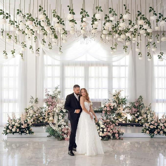 Lyrow 60 Pack White Artificial Flower Hanging Ornaments White Rose Floating Garland Floral Minimalist Boho Wedding Proposal Anniversary French Cream Farmhouse Ceiling Garland Table Decor DIY Craft