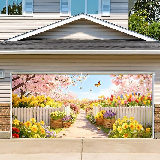 Garden Garage Door Banner Cover 7x16ft Waterproof -Cherry Blossom Floral Backdrop with Butterflies,Spring Easter Wedding Decor,Photo Booth Background