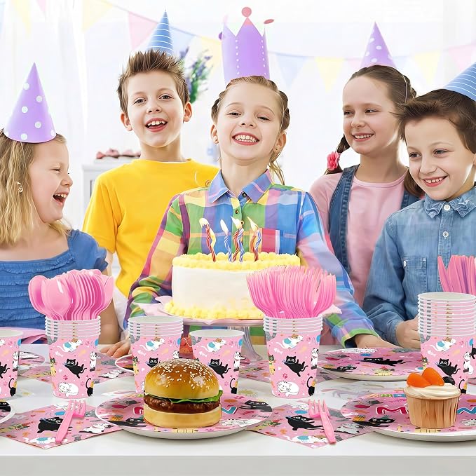 168PCS Cat Party Supplies Carts Themed Birthday Party Decorations Cute Meow Paper Plates Cups Napkins Forks Knives Spoons Tableware for BBQ Picnic Serves 24 Guests