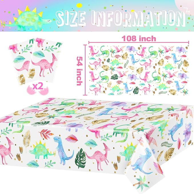 Watercolor Girl Dinosaur Party Supplies - Serves 20 - Pink Dino Birthday Party Decorations, Plates, Napkins, 2 Tablecloths, 16 Hanging Swirls, Balloons and Banner - Pastel Floral Girl Birthday