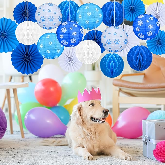 Retisee 18 Pcs Dog Paw Party Decoration Paw Print Hanging Paper Lantern Classroom Honeycomb Fans Honeycomb Ball for Dog Theme Party Ceiling Decor Supplies